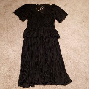 Vtg 70s Black Peplum Crochet Goth Lady Dress